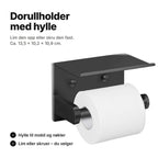 Dorullholder med hylle i sort rustfritt stål med en dorull på armen – lim den opp eller skru den fast, ca. 13,5 × 10,2 × 10,9 cm
