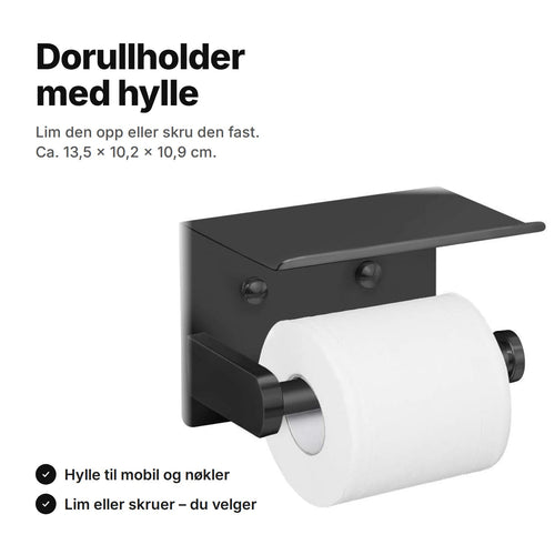 Dorullholder med hylle i sort rustfritt stål med en dorull på armen – lim den opp eller skru den fast, ca. 13,5 × 10,2 × 10,9 cm