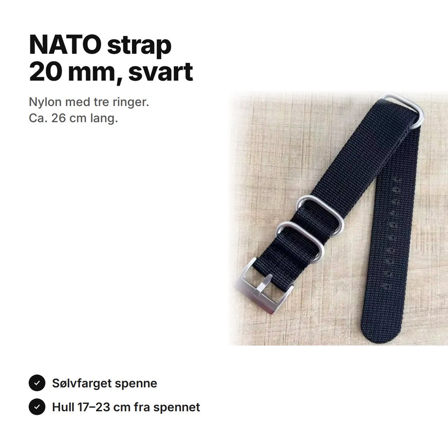 Svart NATO strap 20 mm i nylon med sølvfarget spenne og tre ringer, ca. 26 cm