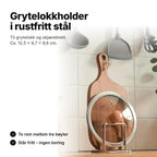 Grytelokkholder i rustfritt stål med et grytelokk og et skjærebrett på høykant – ca. 12,5 × 9,7 × 9,6 cm, to rom