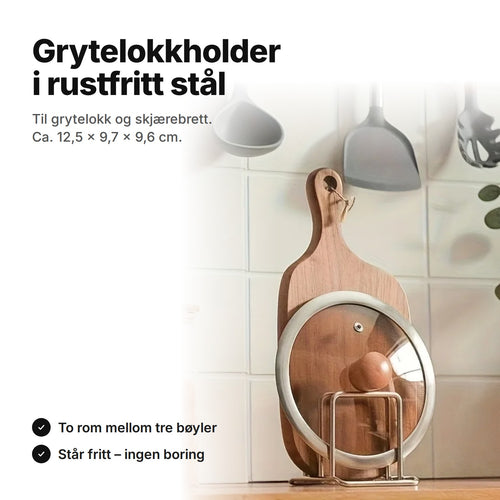 Grytelokkholder i rustfritt stål med et grytelokk og et skjærebrett på høykant – ca. 12,5 × 9,7 × 9,6 cm, to rom