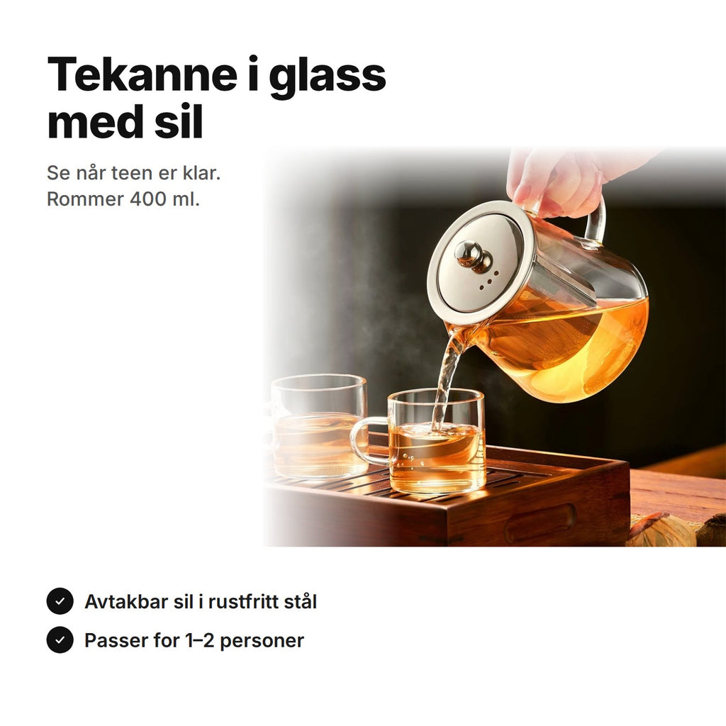 Tekanne i glass med sil i rustfritt stål på 400 ml: te skjenkes i små glass