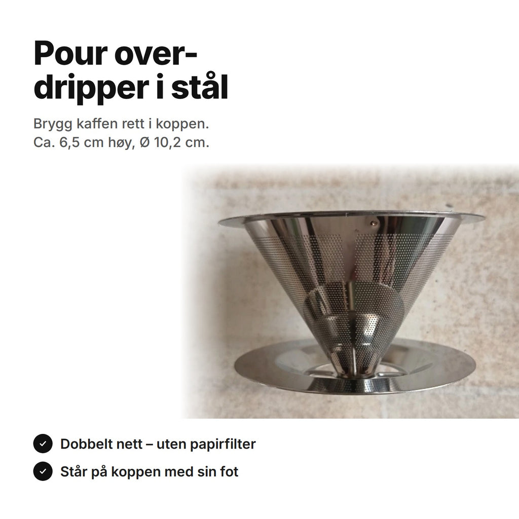 Pour over-dripper i rustfritt stål – brygg kaffen rett i koppen uten papirfilter; ca. 6,5 cm høy