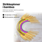 Strikkepinner i bambus: 18 rundpinner i str. 2–10 mm, 40 cm lange, med bambusspisser og plastkabler