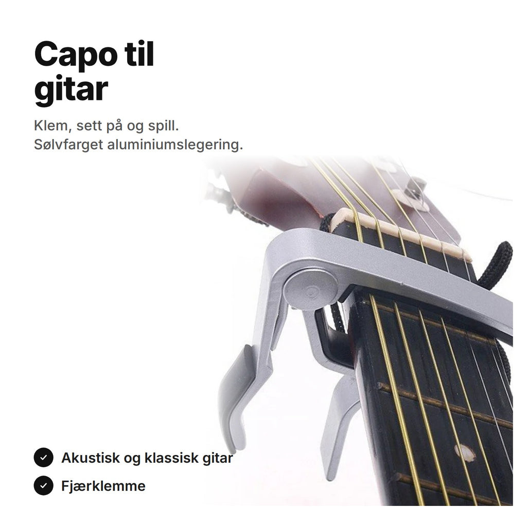 Sølvfarget capo til gitar: til akustisk og klassisk gitar, fjærklemme
