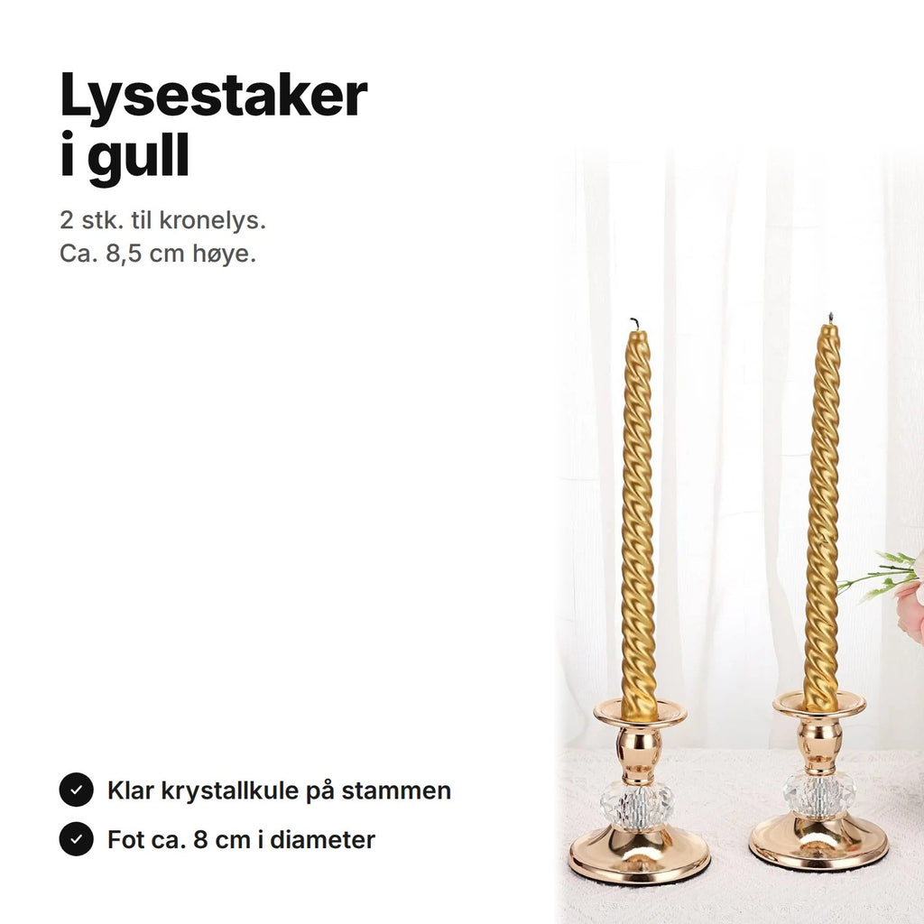 Lysestaker gull til kronelys, 2 stk. på ca. 8,5 cm med klar krystallkule