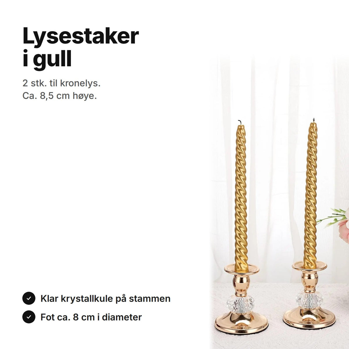 Lysestaker gull til kronelys, 2 stk. på ca. 8,5 cm med klar krystallkule