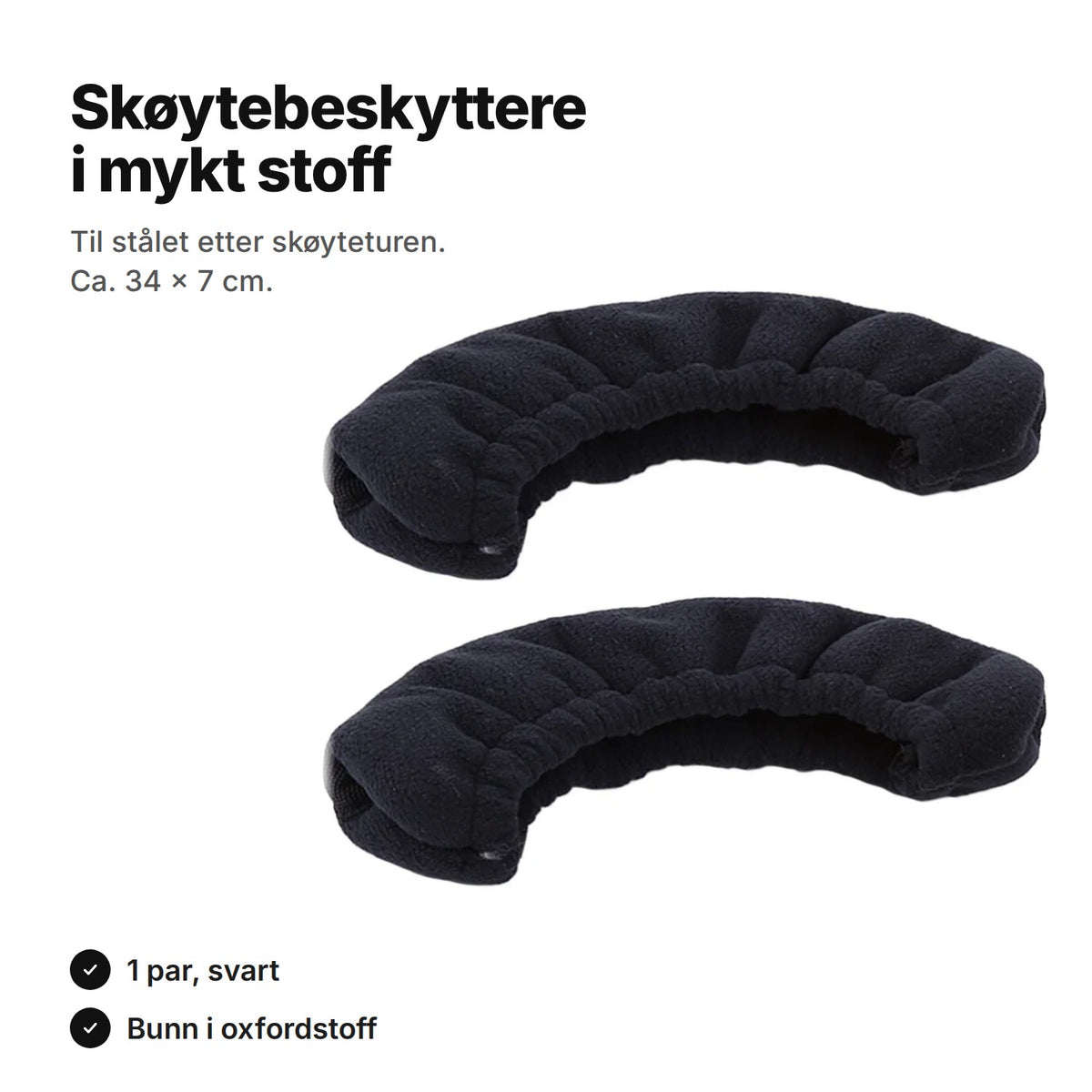 Skøytebeskyttere i mykt stoff: svart par, ca. 34 × 7 cm, strikk i åpningen