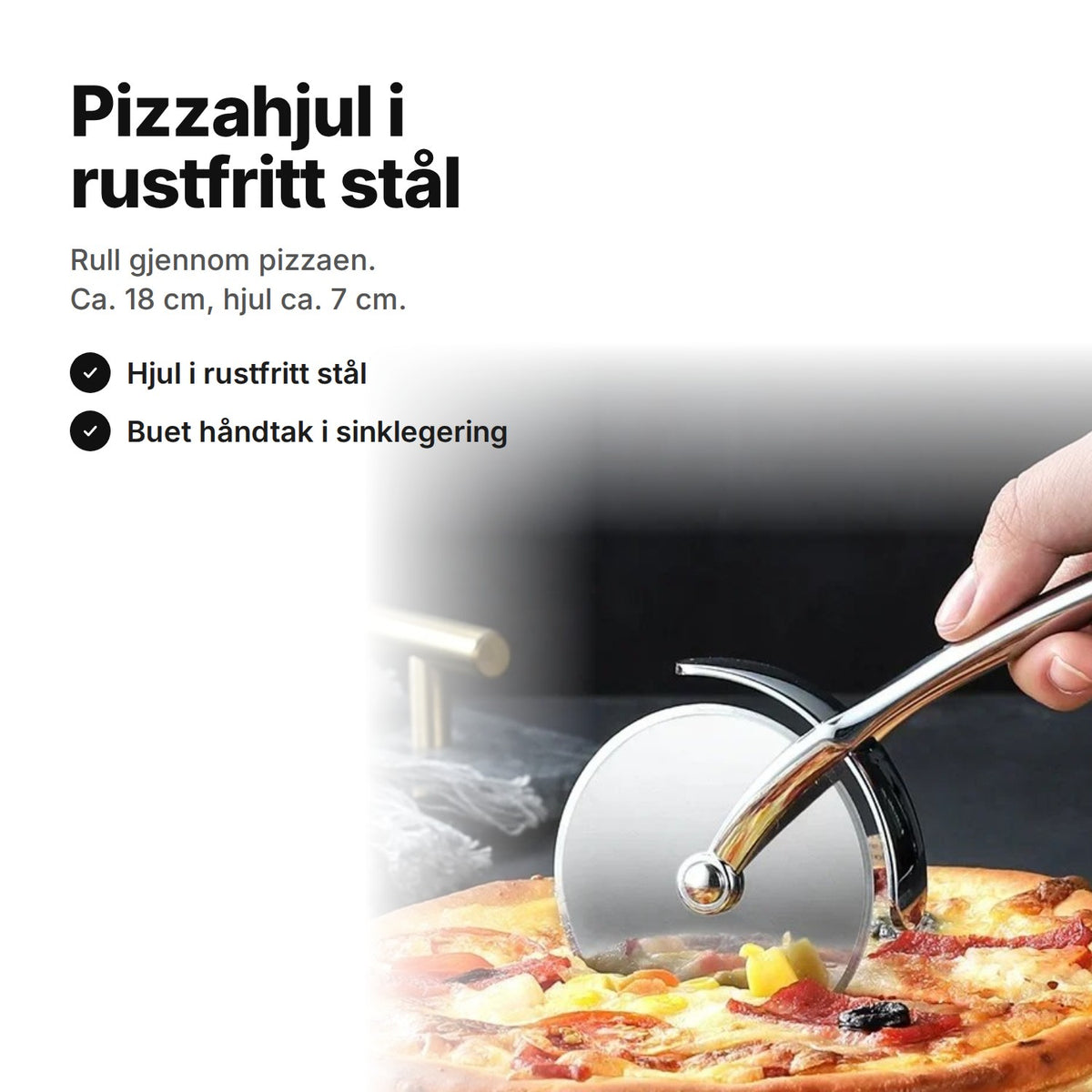 Pizzahjul i rustfritt stål som ruller gjennom en pizza – ca. 18 cm langt med et hjul på ca. 7 cm