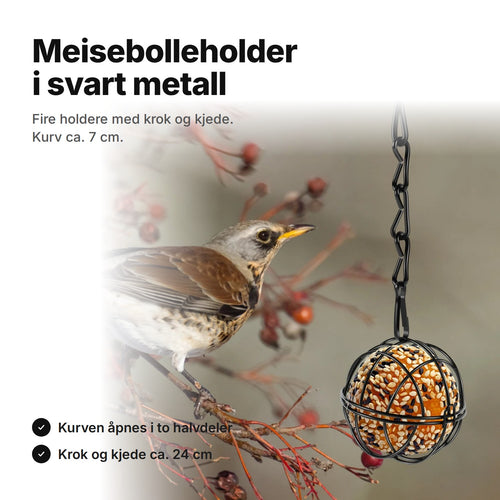 Meisebolleholder i svart metall med meisebolle – krok og kjede ca. 24 cm, kurv ca. 7 cm