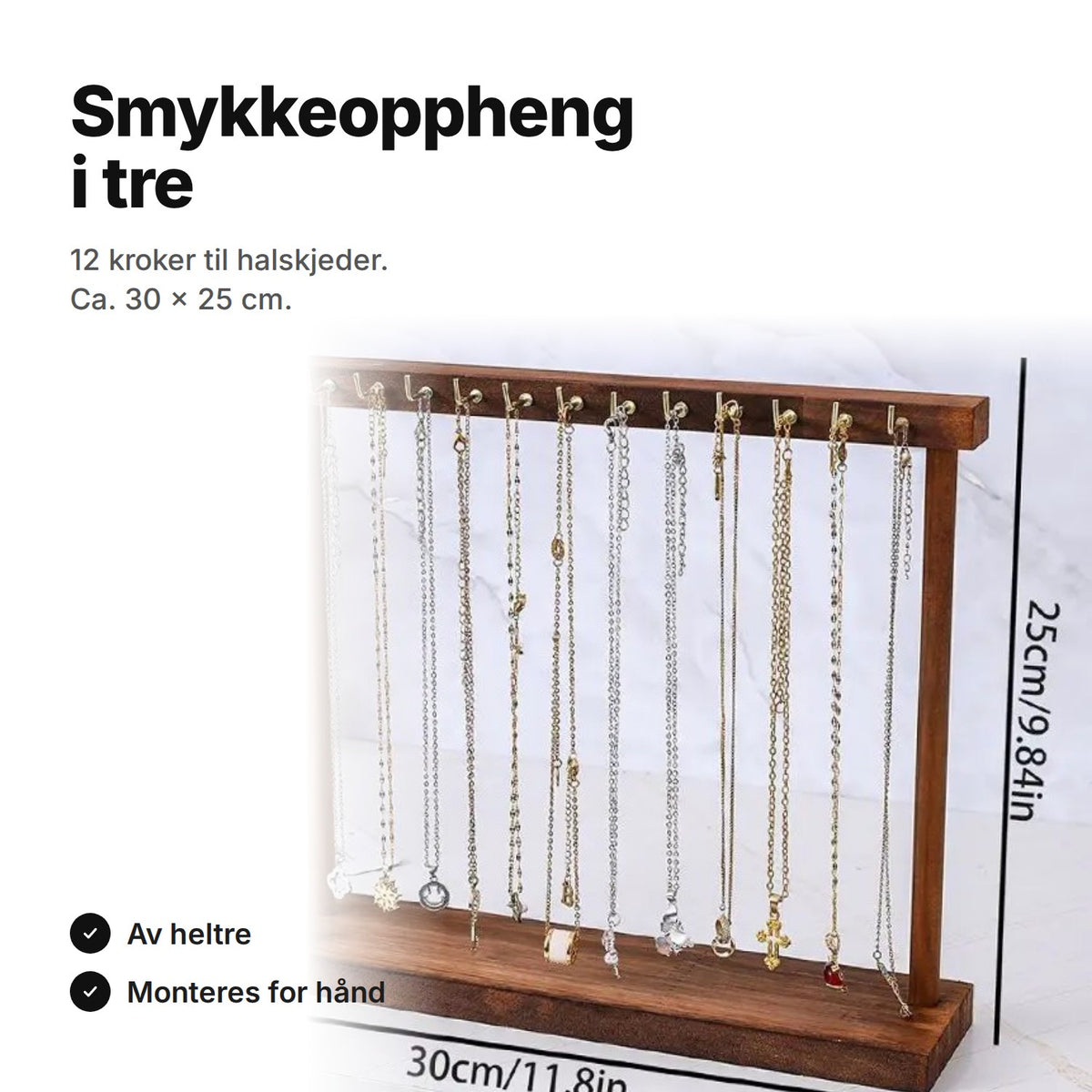 Smykkeoppheng i mørkebrunt tre med 12 kroker til halskjeder, ca. 30 × 25 cm
