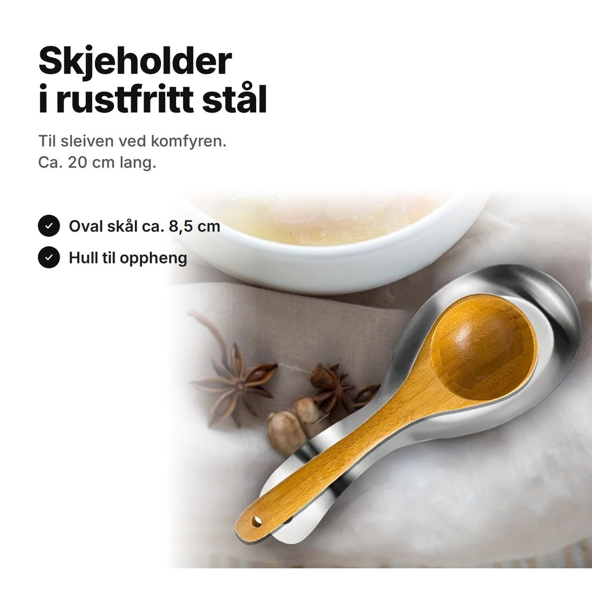 Skjeholder i rustfritt stål med tresleiv – ca. 20 cm lang, oval skål på ca. 8,5 cm
