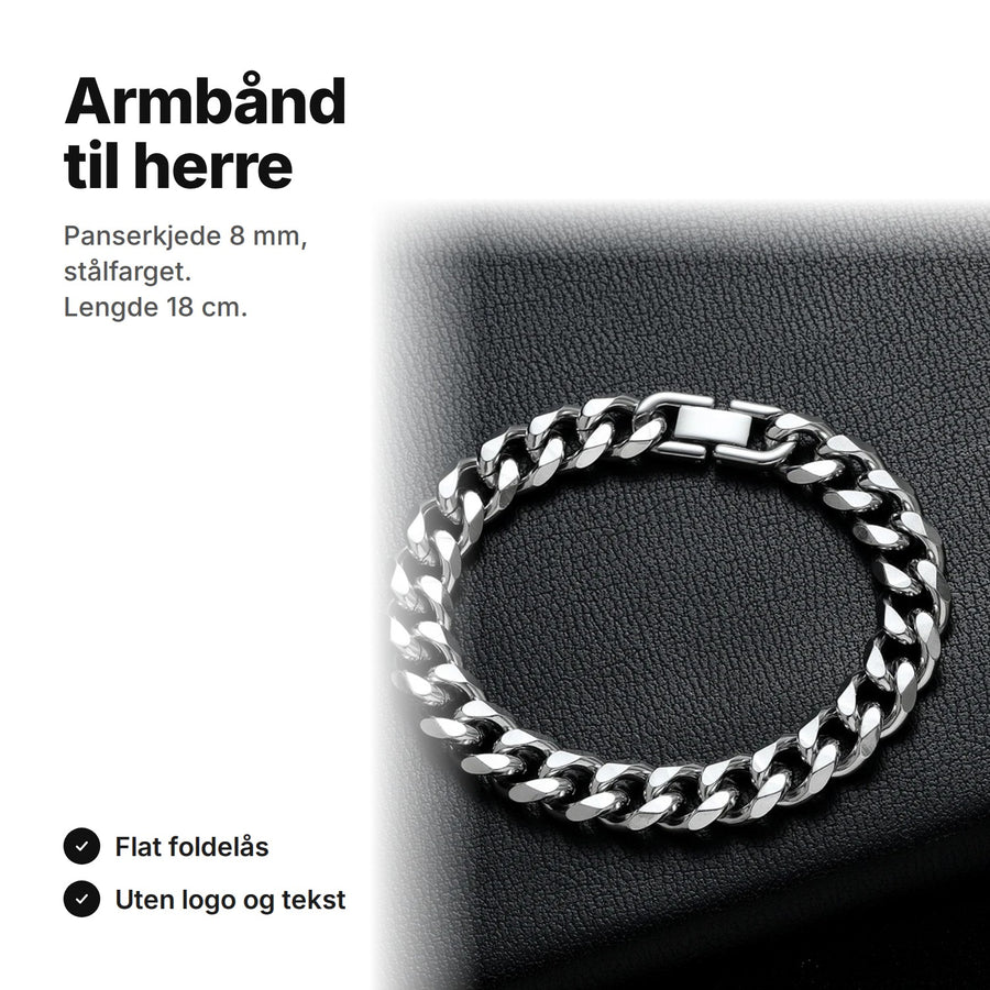Armbånd til herre i stålfarge – panserkjede 8 mm, lengde 18 cm, flat foldelås