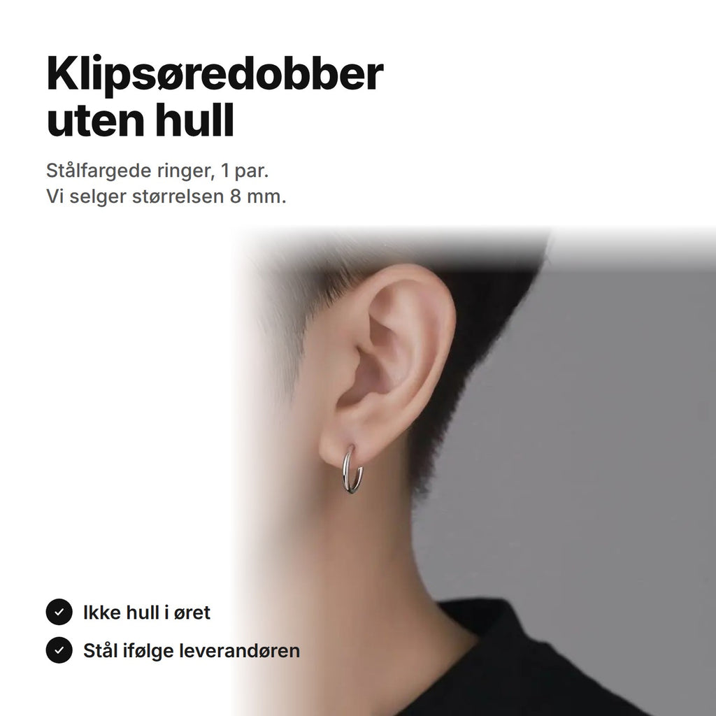 Klipsøredobber uten hull – stålfargede ringer, vi selger størrelsen 8 mm, 1 par