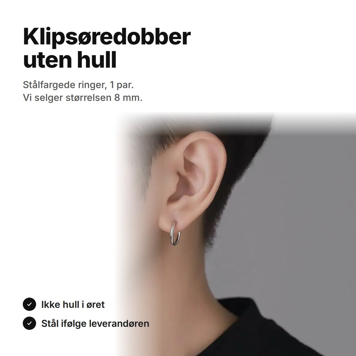 Klipsøredobber uten hull – stålfargede ringer, vi selger størrelsen 8 mm, 1 par