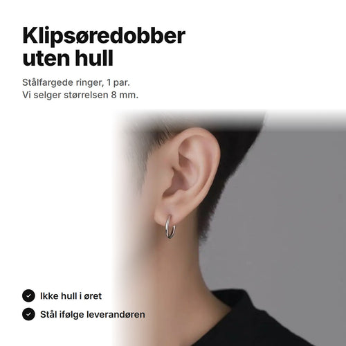Klipsøredobber uten hull – stålfargede ringer, vi selger størrelsen 8 mm, 1 par