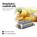Smørboks i rustfritt stål med lokk og rund knott – ca. 18,5 × 12 cm og 6,5 cm høy