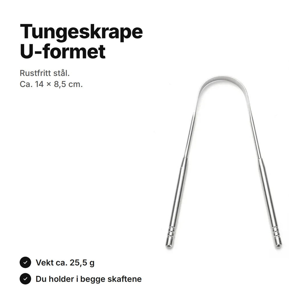 U-formet tungeskrape i rustfritt stål, ca. 14 × 8,5 cm og 25,5 g