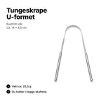 U-formet tungeskrape i rustfritt stål, ca. 14 × 8,5 cm og 25,5 g