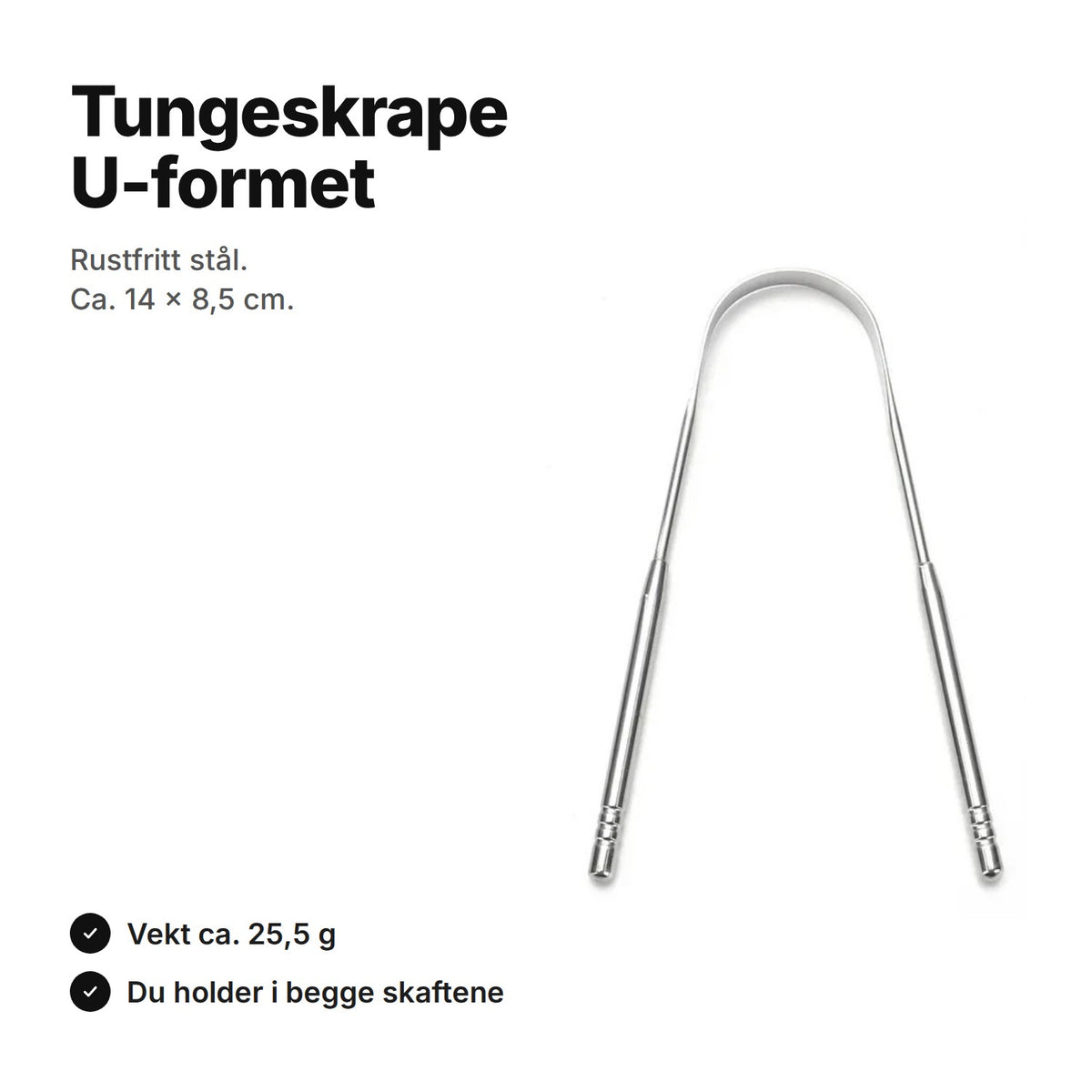 U-formet tungeskrape i rustfritt stål, ca. 14 × 8,5 cm og 25,5 g