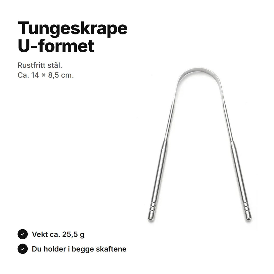 U-formet tungeskrape i rustfritt stål, ca. 14 × 8,5 cm og 25,5 g