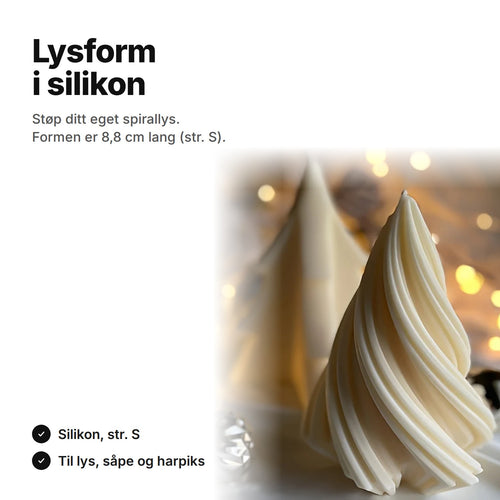 Lysform i silikon, str. S – formen er 8,8 cm lang; eksempel på et spiralformet lys som ligner et juletre