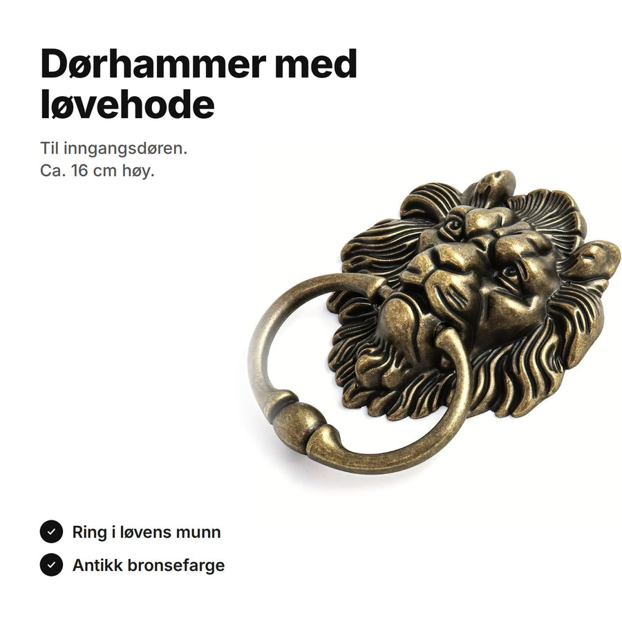 Dørhammer med løvehode og ring i antikk bronsefarge, ca. 16 cm høy
