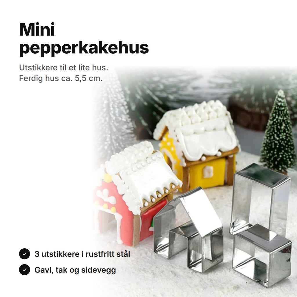Utstikkere til mini pepperkakehus: tre utstikkere i stål og to pyntede små pepperkakehus, ferdig hus ca. 5,5 cm