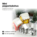 Utstikkere til mini pepperkakehus: tre utstikkere i stål og to pyntede små pepperkakehus, ferdig hus ca. 5,5 cm