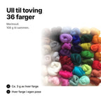 Ull til toving i 36 farger: merinoull side om side, ca. 3 g av hver farge