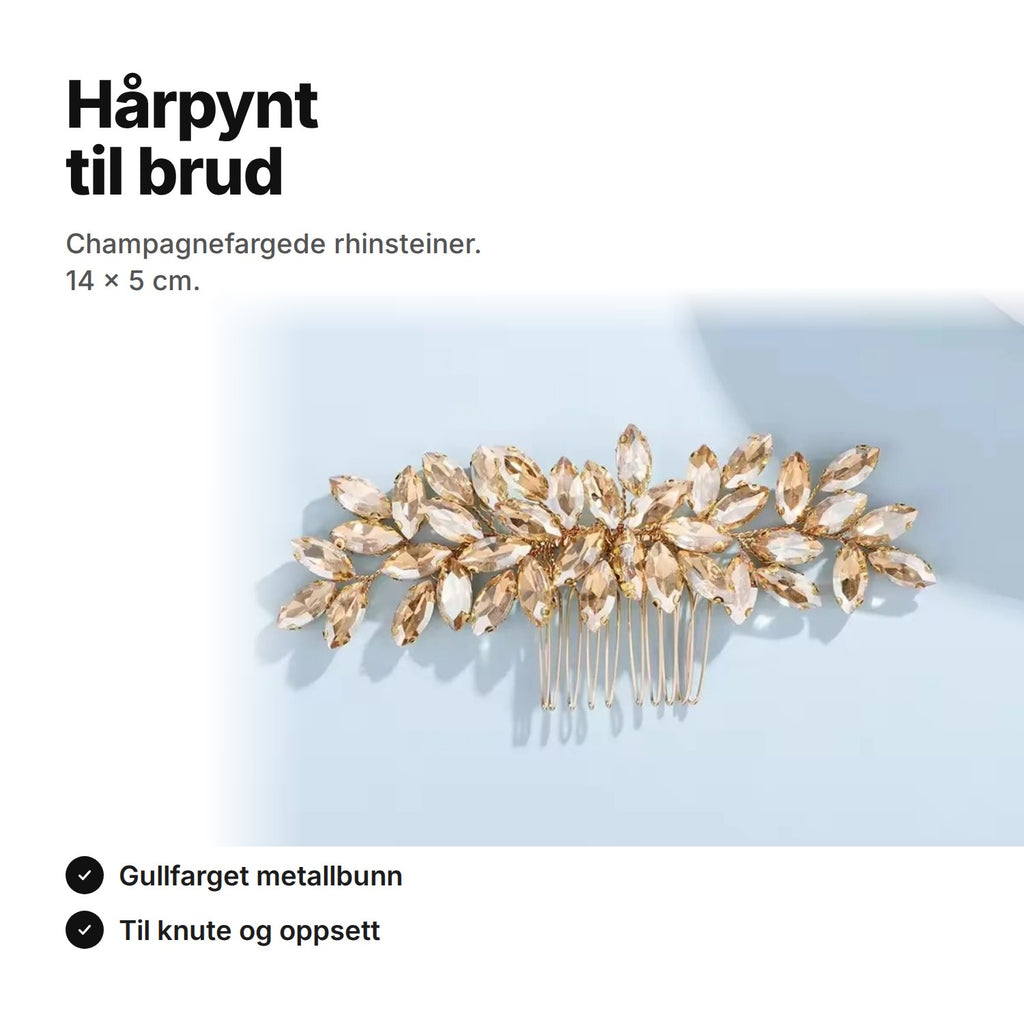 Hårpynt til brud: hårkam med champagnefargede rhinsteiner, 14 × 5 cm