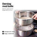 Dørslag med bolle i rustfritt stål: ris skylles, og vannet renner ned i bollen – begge Ø 24 cm