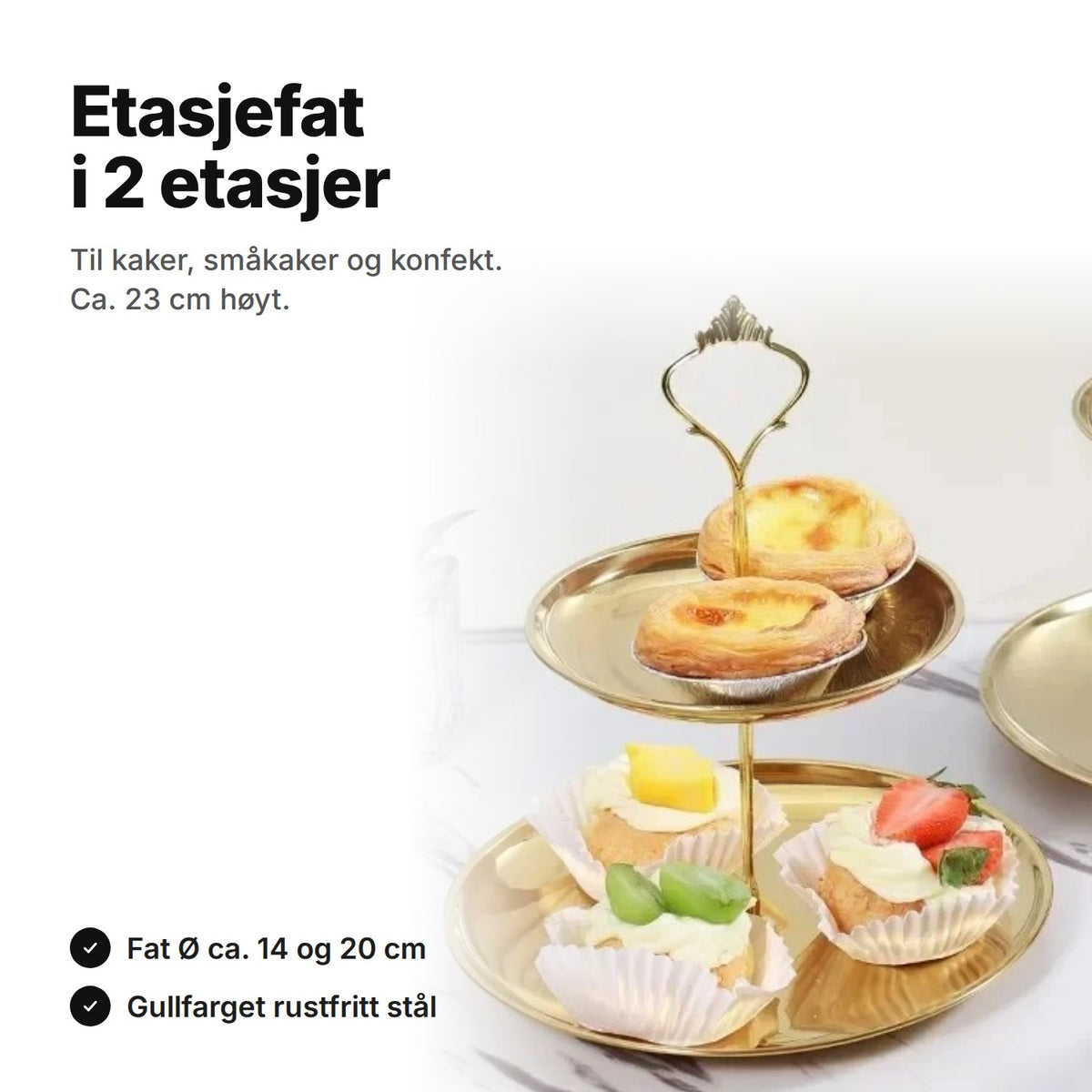 Etasjefat i 2 etasjer i gullfarget rustfritt stål med små terter og kremkaker – ca. 23 cm høyt, fat Ø ca. 14 og 20 cm