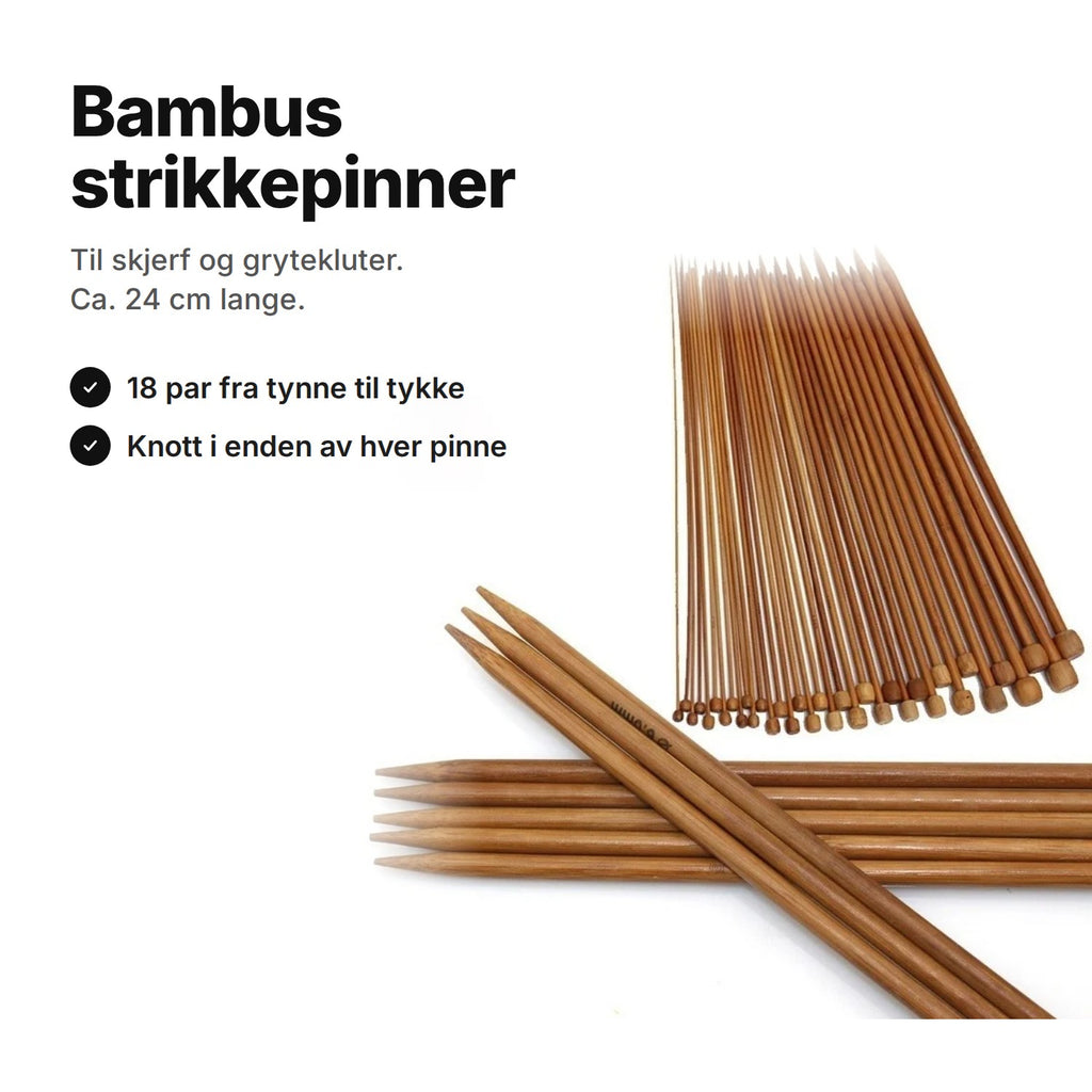 Bambus strikkepinner: 18 par jumperpinner fra tynne til tykke, knott i enden og karbonisert bambus, ca. 24 cm lange
