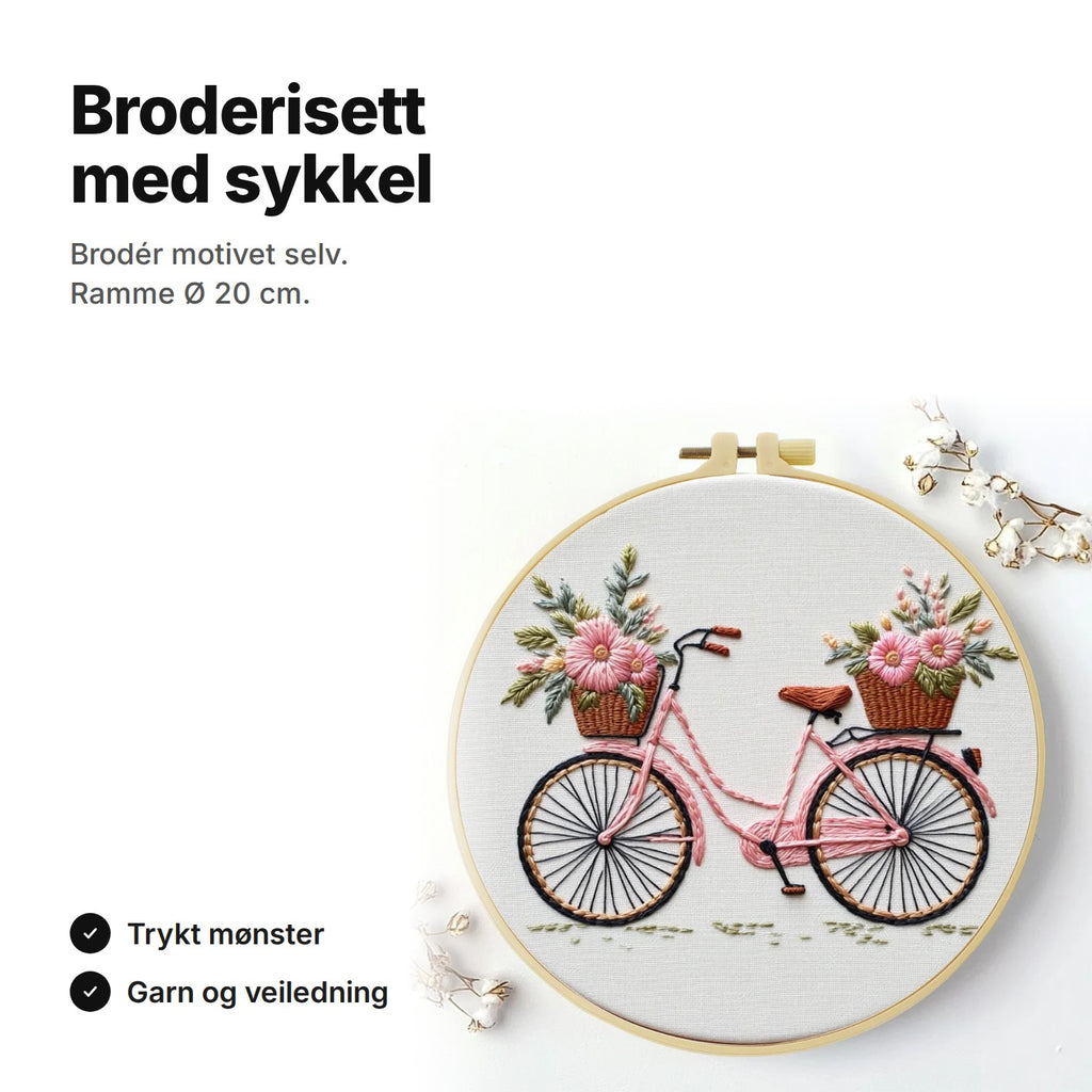 Broderisett med sykkel og blomsterkurver, broderiramme Ø 20 cm