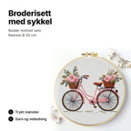 Broderisett med sykkel og blomsterkurver, broderiramme Ø 20 cm