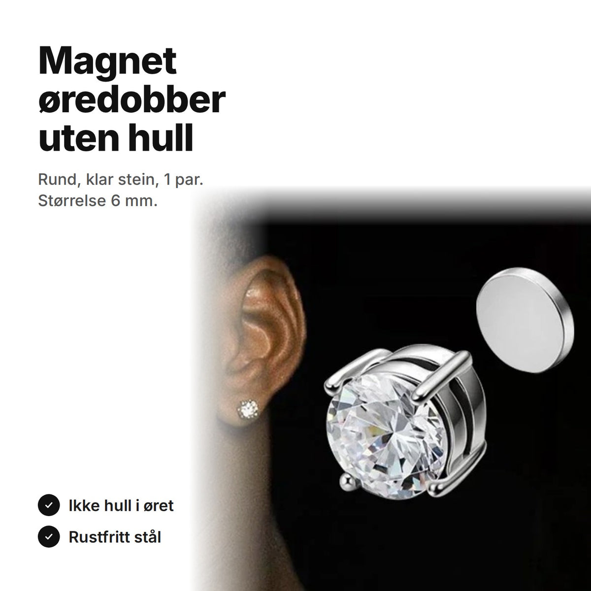 Magnet øredobber uten hull – rund, klar stein, størrelse 6 mm, 1 par