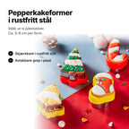 Pepperkakeformer i rustfritt stål med pyntede pepperkaker – ni julemotiver, ca. 5–9 cm per form