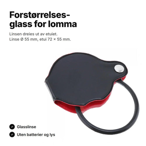 Forstørrelsesglass i lommeformat: glasslinse Ø 55 mm som dreies ut av et svart etui