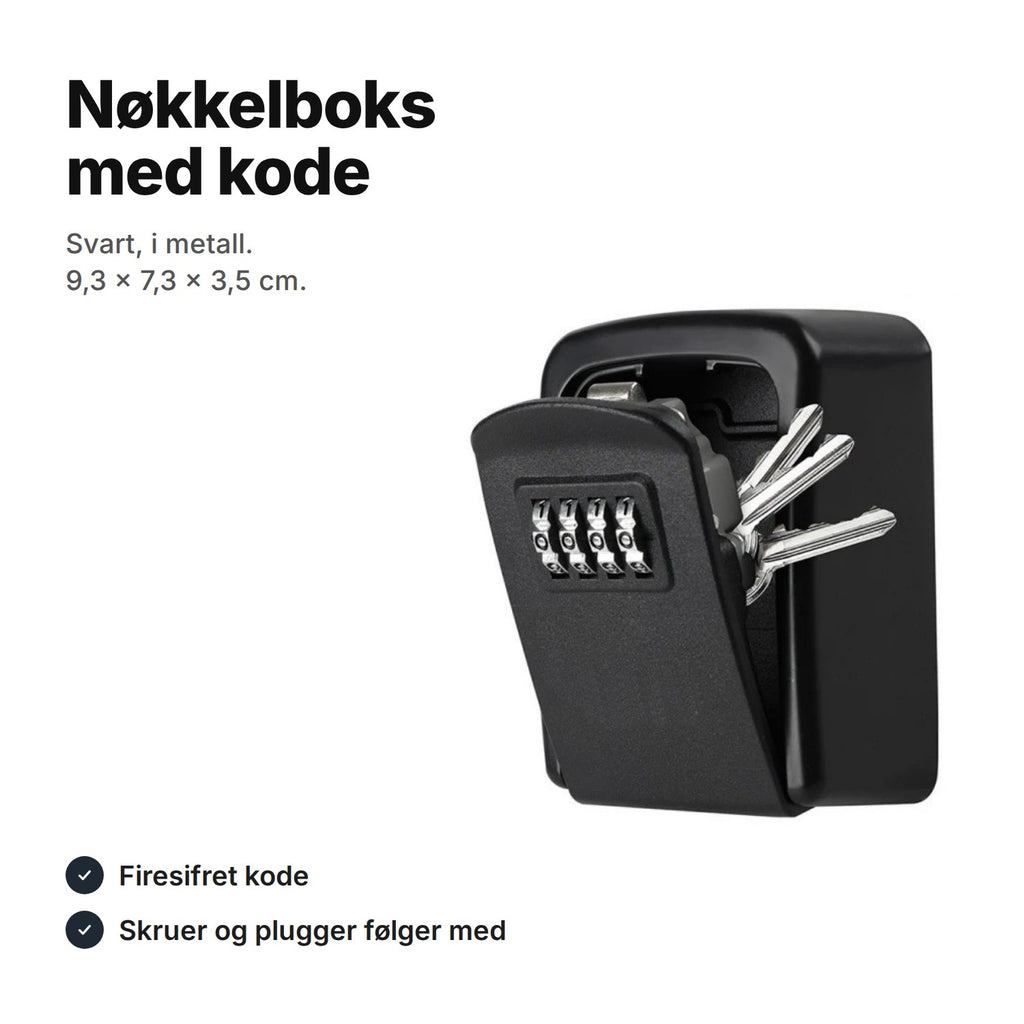 Svart nøkkelboks med firesifret kode i metall, 9,3 × 7,3 × 3,5 cm, med nøkler i rommet