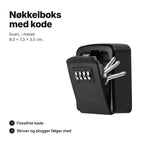Svart nøkkelboks med firesifret kode i metall, 9,3 × 7,3 × 3,5 cm, med nøkler i rommet