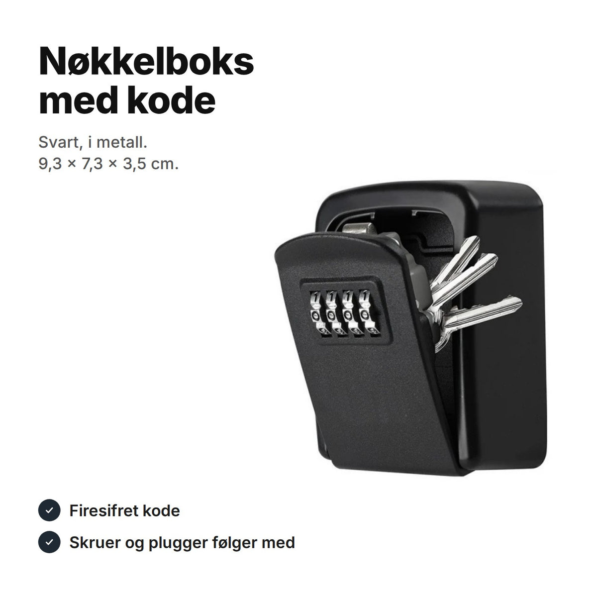 Svart nøkkelboks med firesifret kode i metall, 9,3 × 7,3 × 3,5 cm, med nøkler i rommet