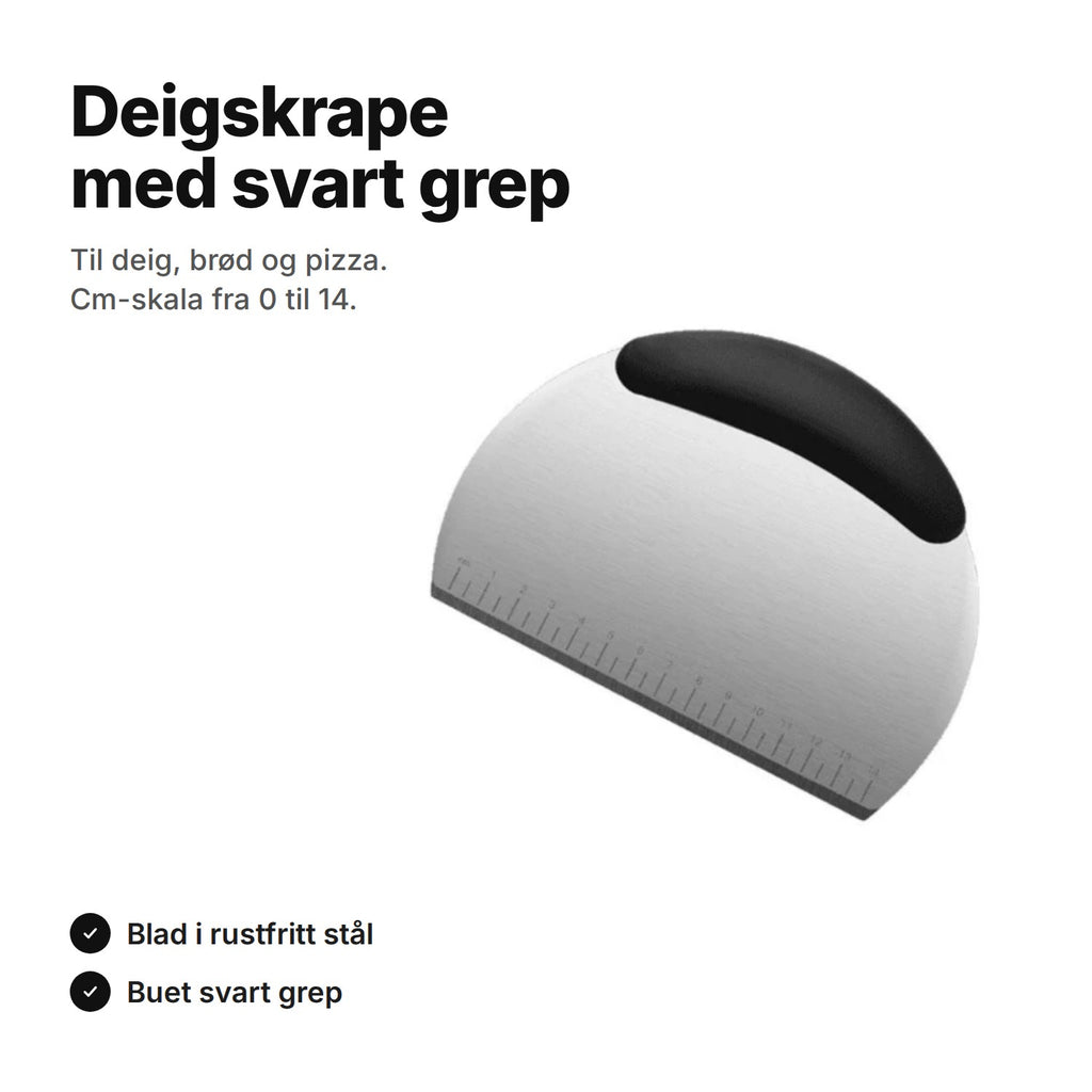 Deigskrape i rustfritt stål med buet svart grep og cm-skala fra 0 til 14 på den rette kanten