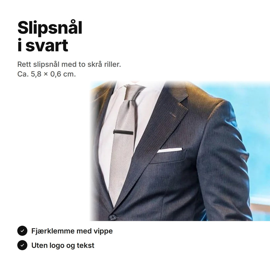 Svart slipsnål på et grått slips, ca. 5,8 × 0,6 cm