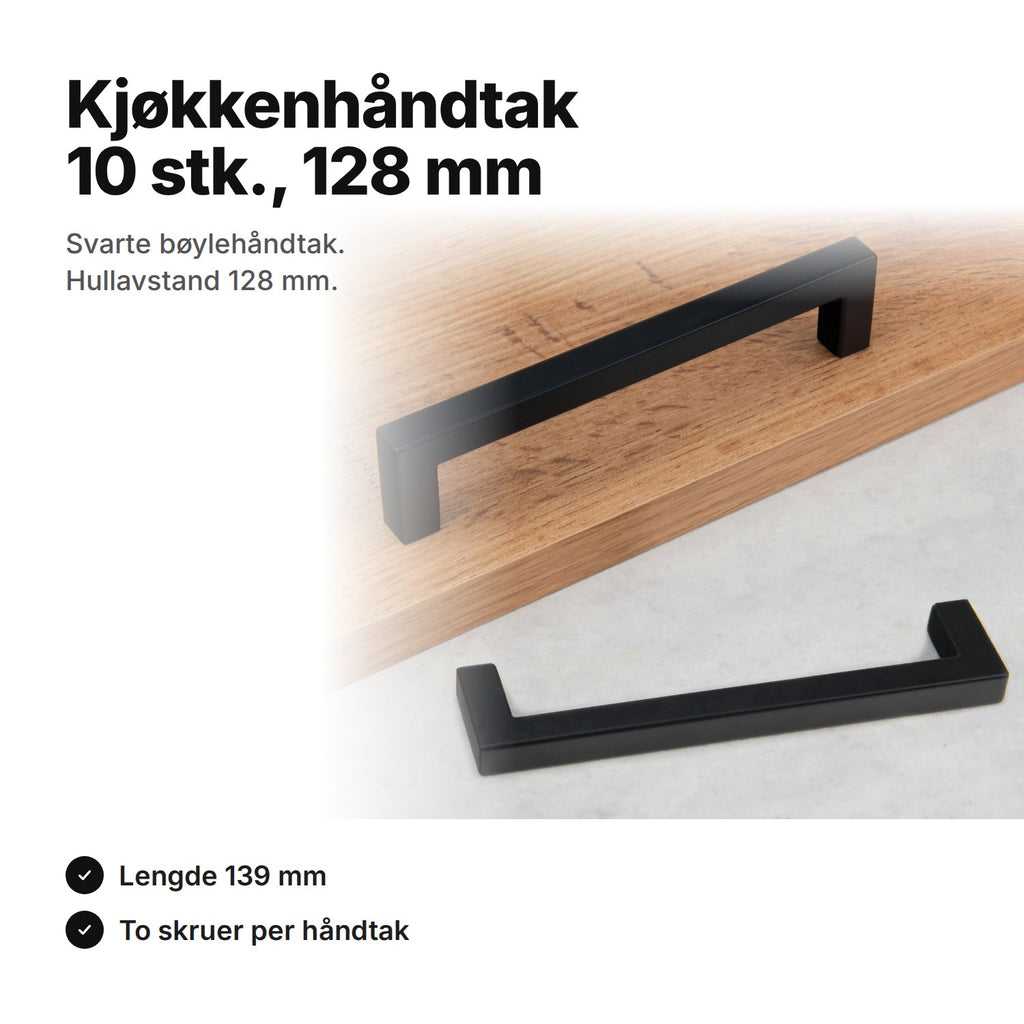 Kjøkkenhåndtak 10 stk., svarte bøylehåndtak med hullavstand 128 mm på tre