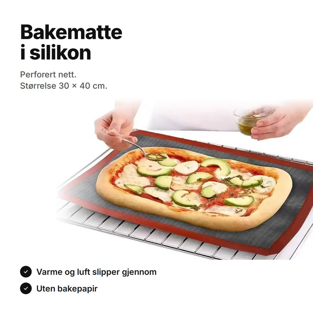Bakematte i silikon med pizza på ovnsristen – perforert nett, 30 × 40 cm