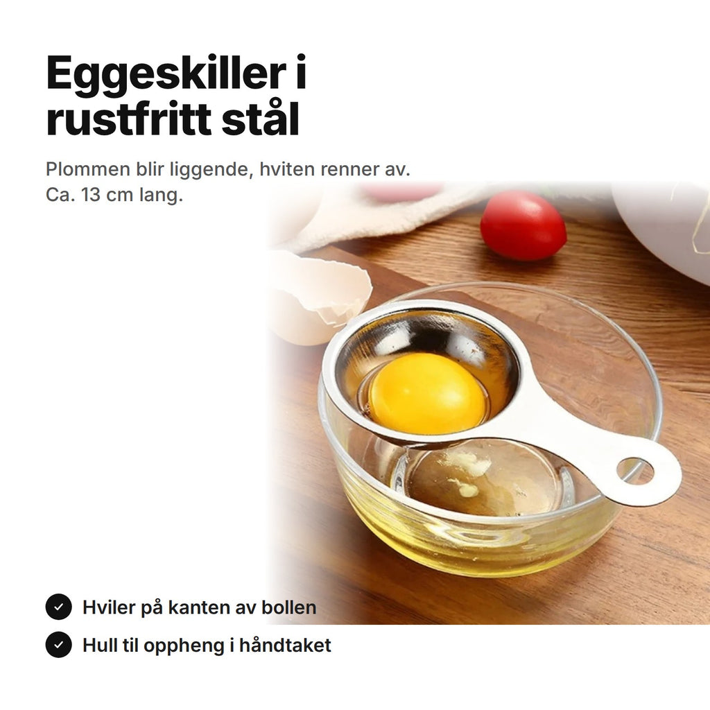 Eggeskiller i rustfritt stål – plommen blir i skålen, hviten renner av; ca. 13 cm lang