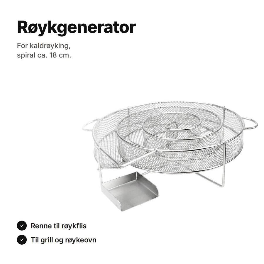 Røykgenerator for kaldrøyking, spiral ca. 18 cm – renne i stålnetting til røykflis, til grill og røykeovn
