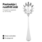 Pastaskje i rustfritt stål med tenner rundt skålen og to avlange hull – ca. 24 cm lang