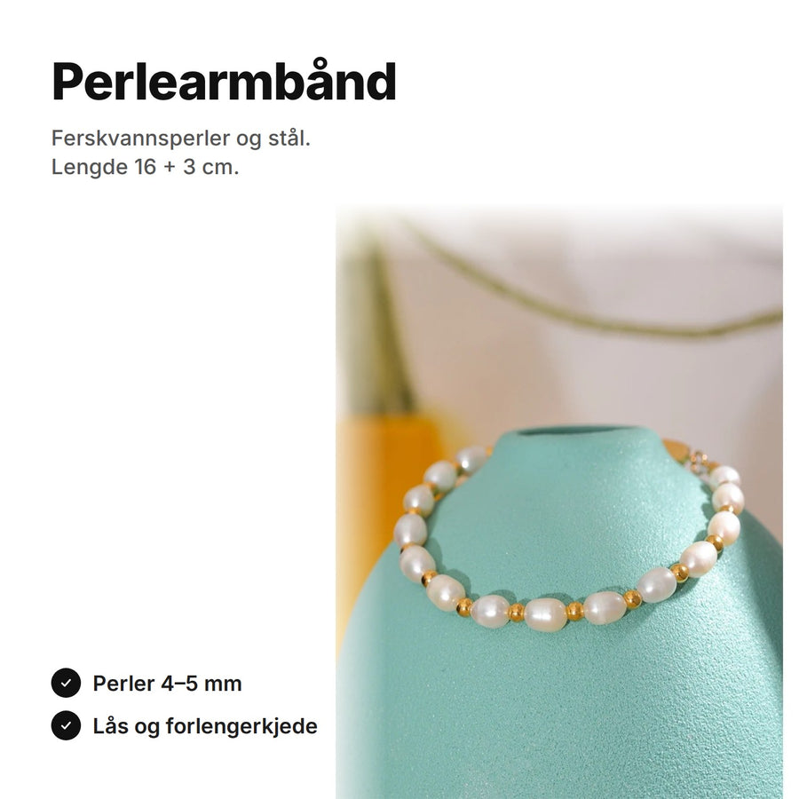 Perlearmbånd med ferskvannsperler og gullfargede stålperler, 16 + 3 cm